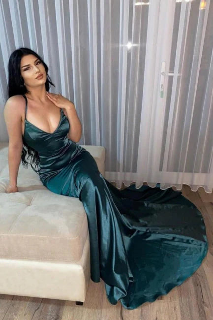 Vestido Weitese verde oscuro sencillo con escote en V, largo, corte sirena, para fiesta
